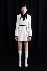 Textured Crepe Mini Dress with Oversized Pointed Collar and Long Sleeve Design